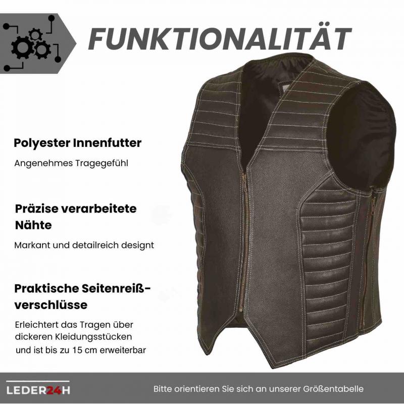Leder24h 1026 men's biker vest made of high-quality cowhide with adjustable side zippers