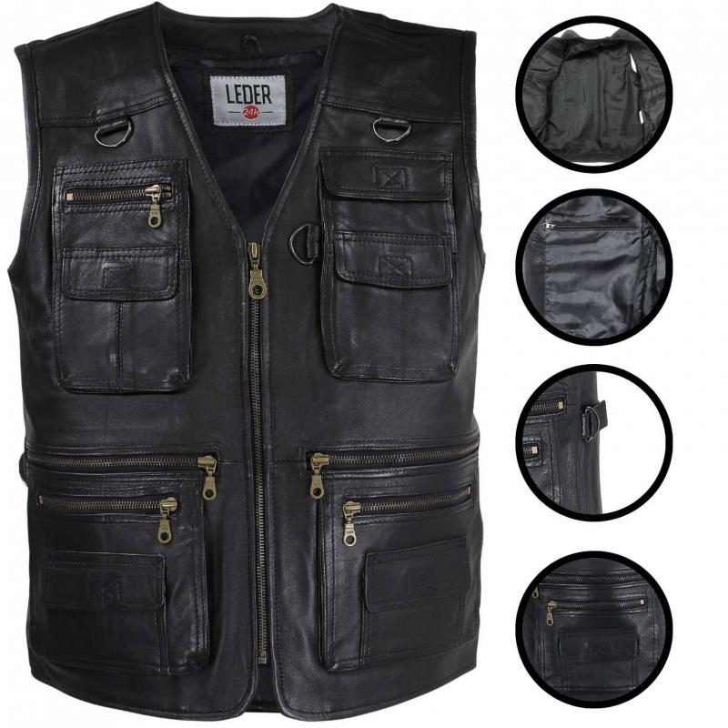 Close-up of the leather structure of the black outdoor vest made of soft, shiny lambskin leather for stylish wearing