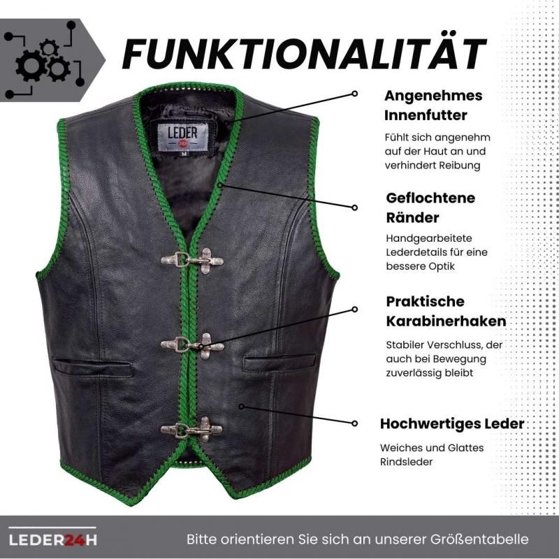 Leder24h leather vest 1038 biker vest black green made of genuine leather