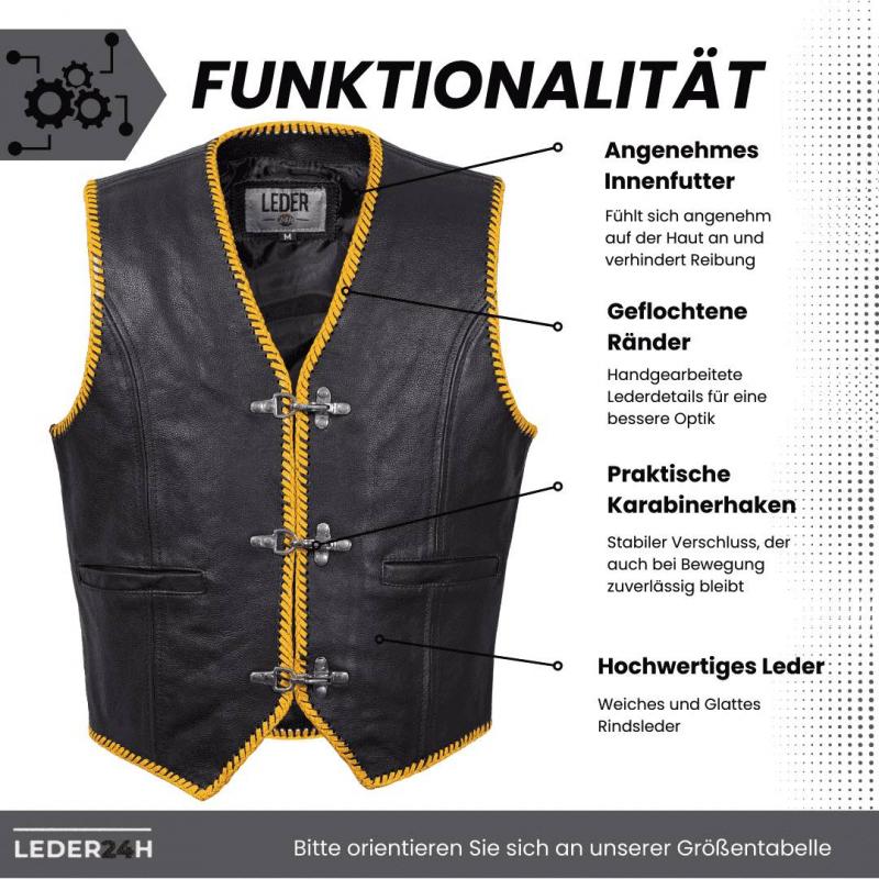 Leder24h leather vest 1039 biker vest black yellow made of genuine leather