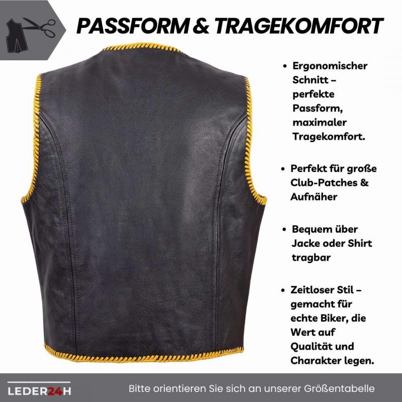 Leder24h leather vest 1039 biker vest black yellow with biker cut wearable over jacket
