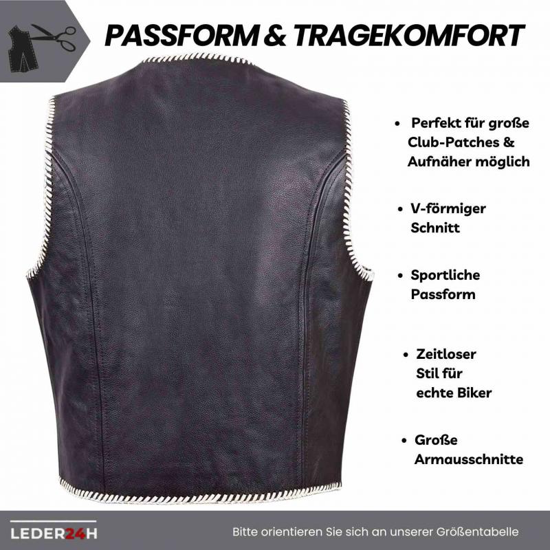 Back view of the men's leather vest in classic biker look with contrasting design