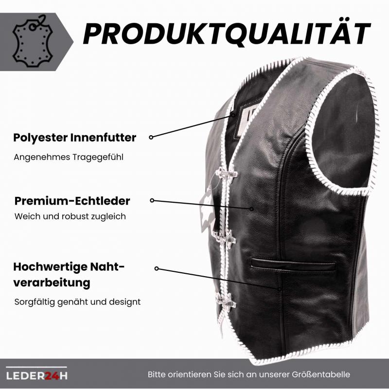 Side view of the men's leather vest with striking black and white design