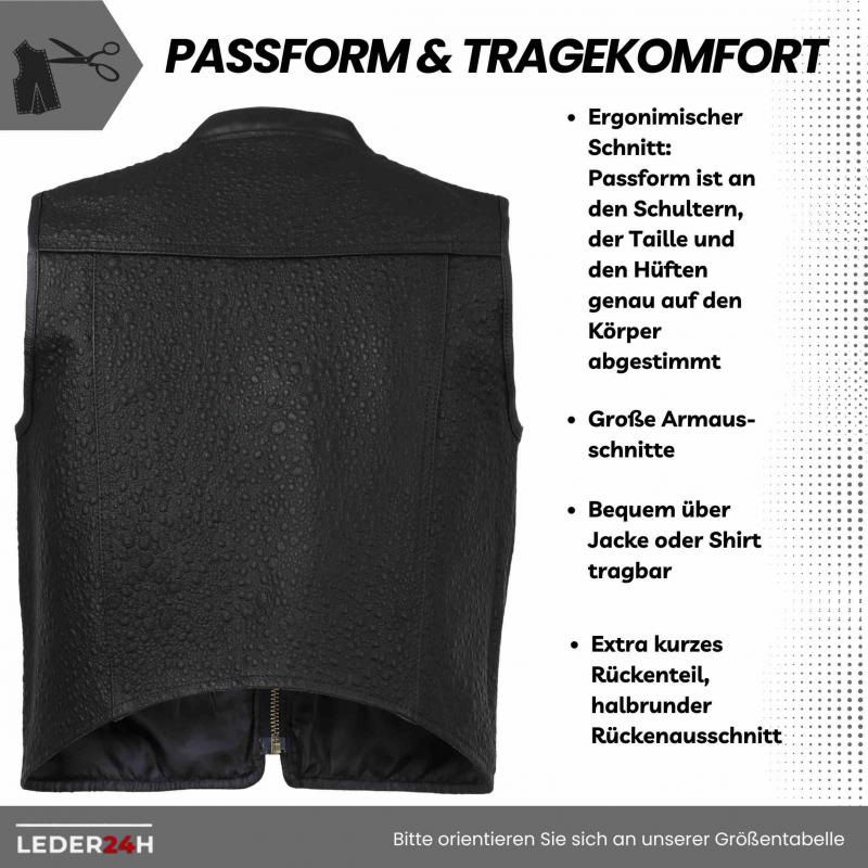 Black rocker vest made of genuine leather with robust workmanship for bikers, rockers and chopper riders