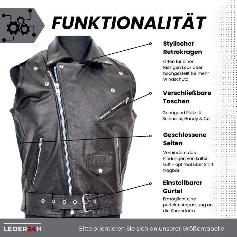 leder24h 1066 Men's leather vest made of genuine leather in black with zipper