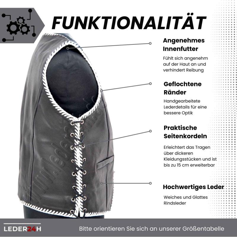Leather vest for motorcyclists with two outside pockets for practical storage space