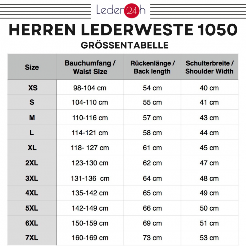 Men's leather vest brown, size chart to determine the size 1050 leder24h