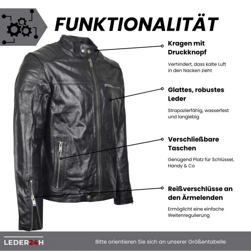 Leder24h men's leather jacket 9050 black motorcycle look biker function