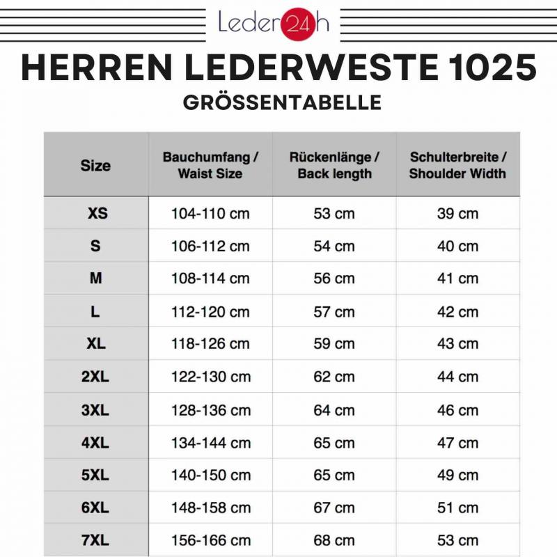 Size chart leder24h 1026 Black rocker vest made of genuine leather with robust workmanship for bikers, rockers and chopper riders