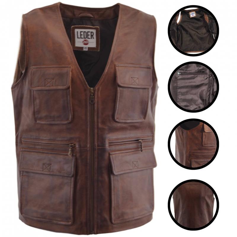 Close-up of the practical outer pockets of a men's outdoor leather vest made of lambskin