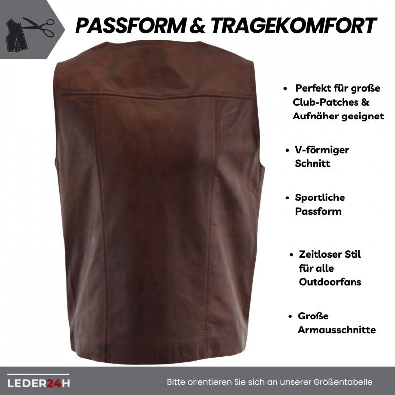 Men's vest made of shiny lambskin leather for outdoor activities with front zip and many pockets