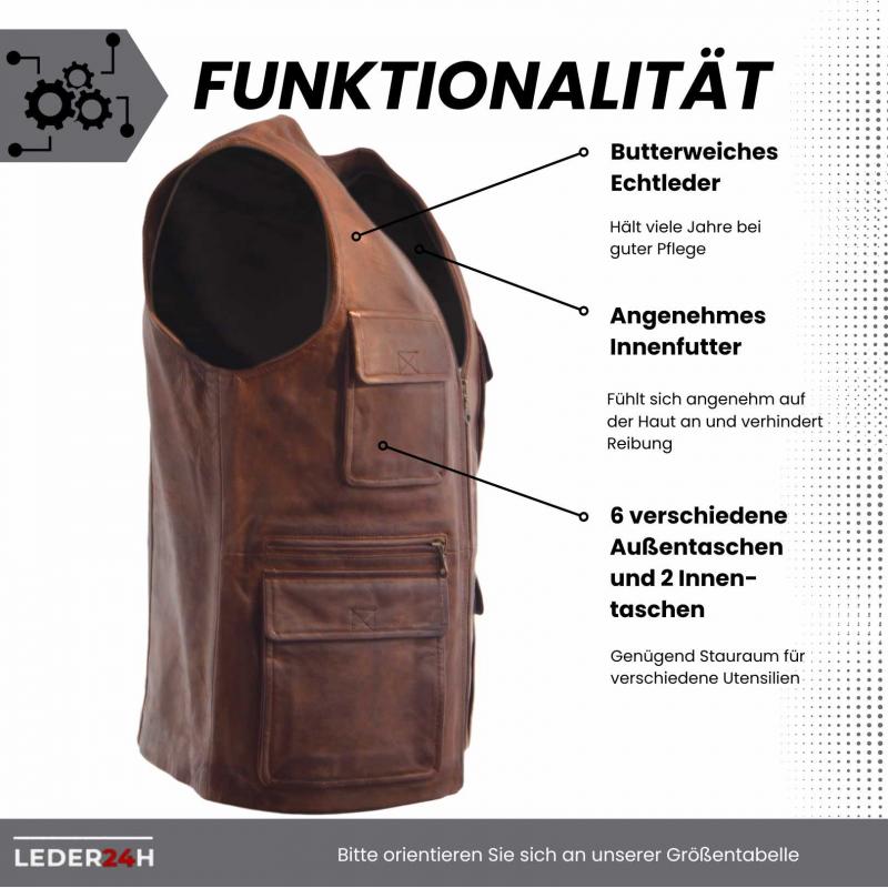 Side view of the men's leather vest with adjustable sides for a custom fit