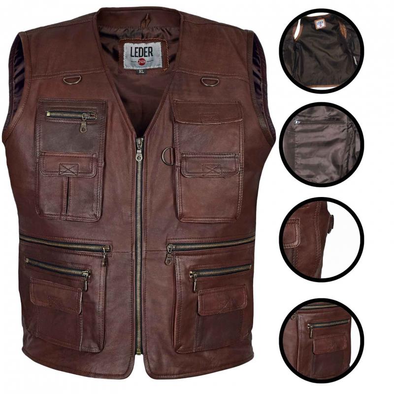 Close-up of the leather texture of the outdoor vest made of soft, shiny lambskin leather for stylish wearing