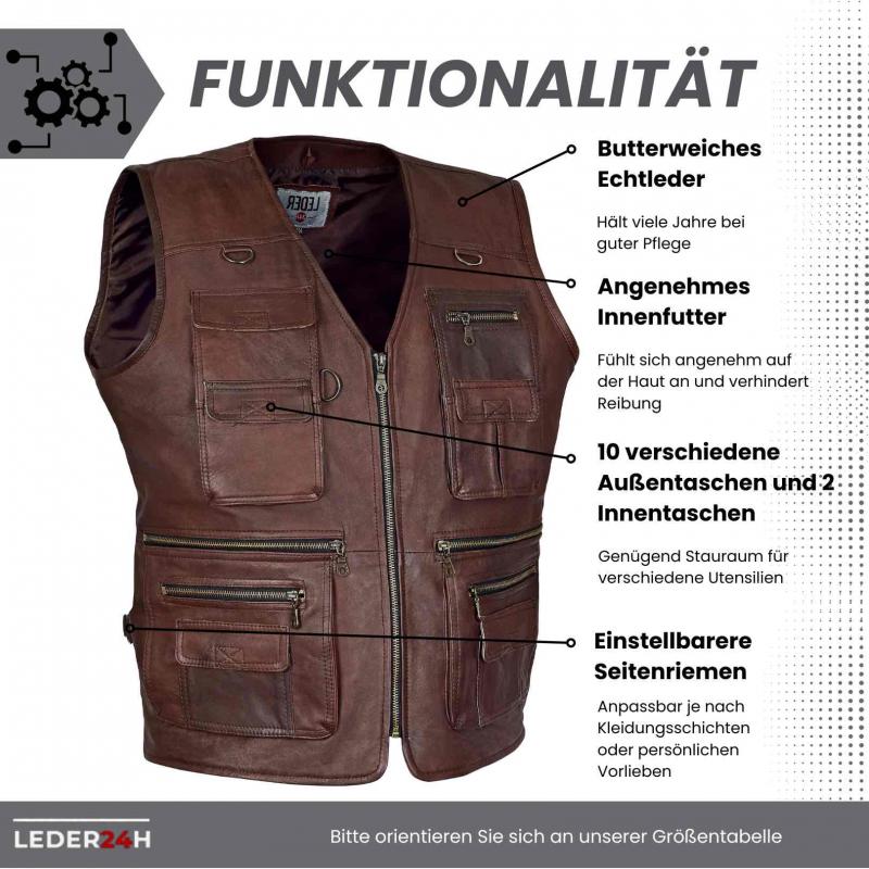 Side view of the men's outdoor leather vest with adjustable side cords for a custom fit