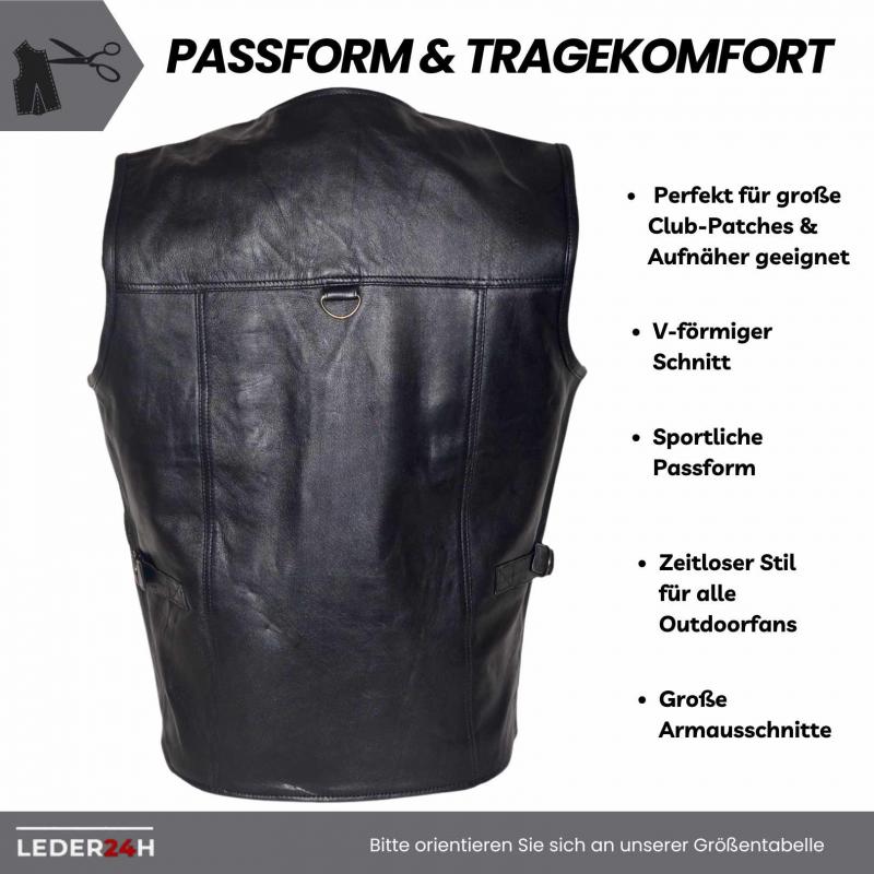 Black men's outdoor leather vest made of shiny lambskin, ideal for outdoor activities and motorcyclists