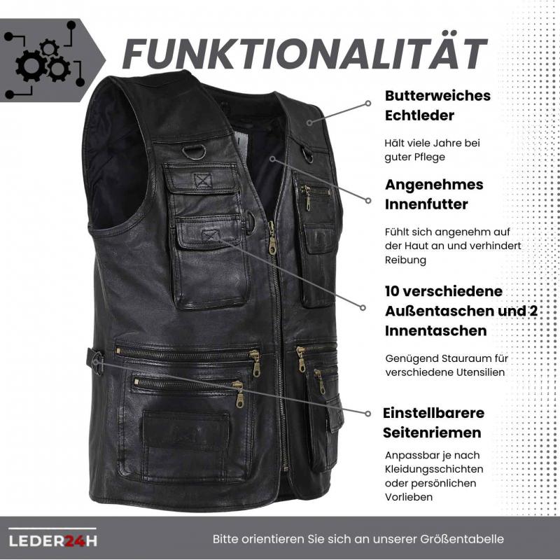 Side view of the black outdoor leather vest for men with adjustable side cords for a custom fit