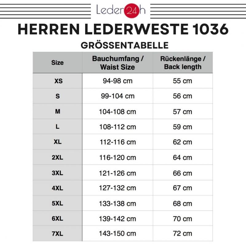 Size chart of the Leder24h leather vest 1036 biker vest black orange in sizes XS S M L XL XXL 3XL 4XL 5XL