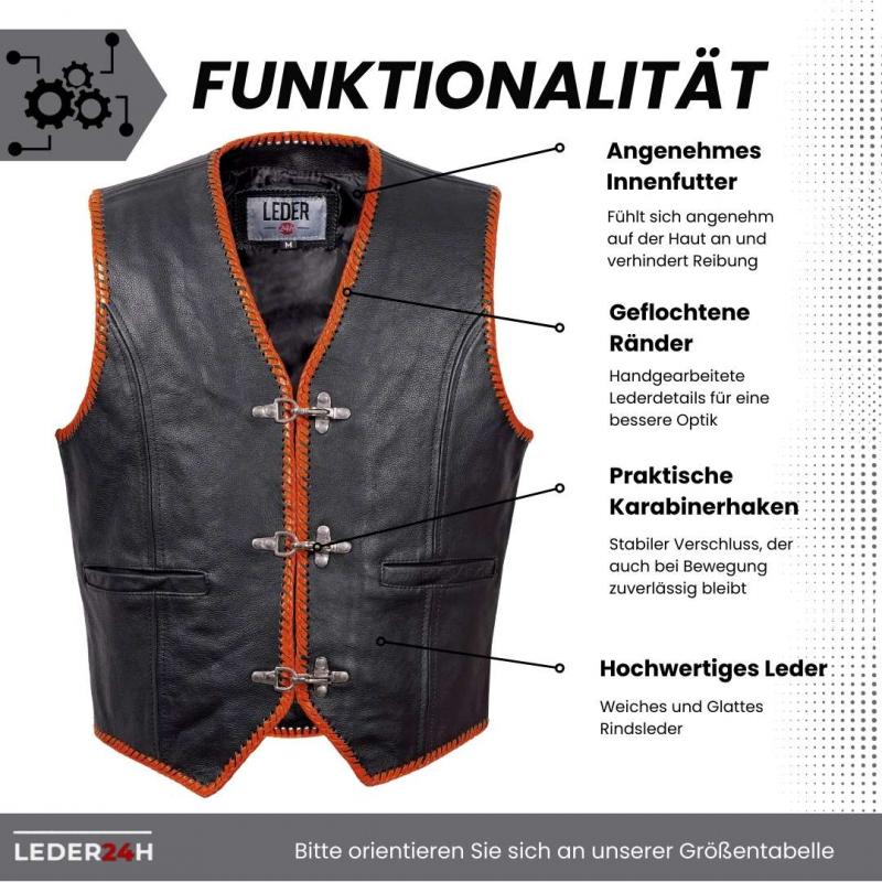 Leder24h leather vest 1036 biker vest black orange made of genuine leather