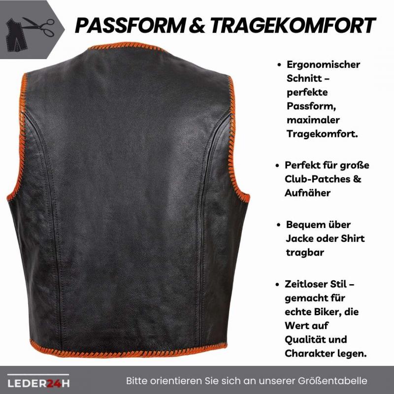 Leder24h leather vest 1036 biker vest black orange with biker cut wearable over jacket