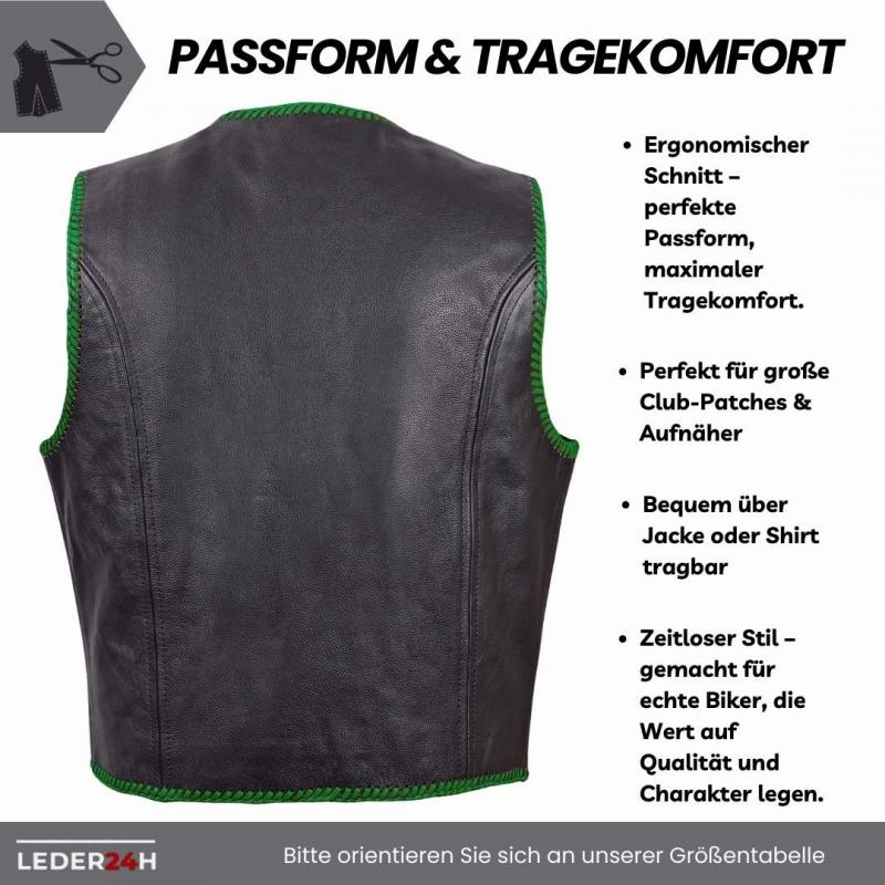Leder24h leather vest 1038 biker vest black green with biker cut wearable over jacket