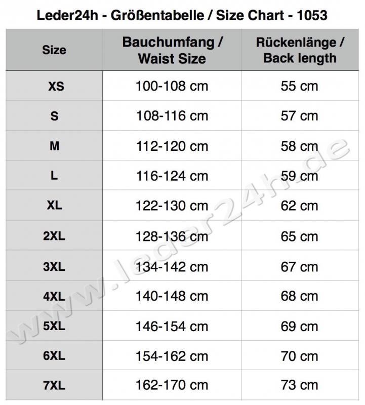 Size chart Leder24h leather vest with snap fasteners 1053 black biker clothing