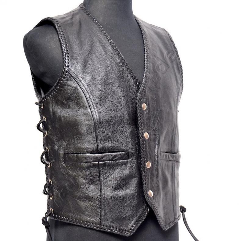 Leder24h leather vest with snap fasteners 1053 black for motorcyclists
