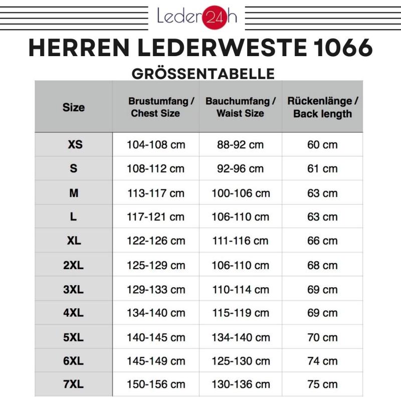 leder24h 1066 Men's Leather Vest Size Chart
