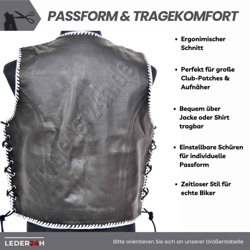 Back view of the men's leather vest in classic biker look with contrasting design 1045