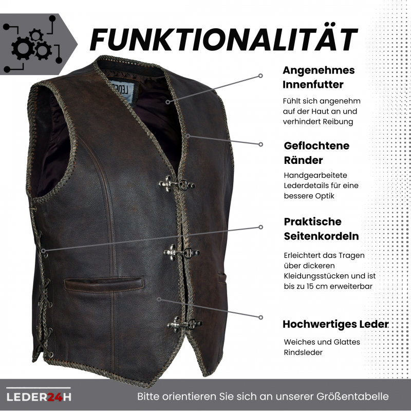Detail of the side lacing of the leather vest for men in brown 1050 leder24h