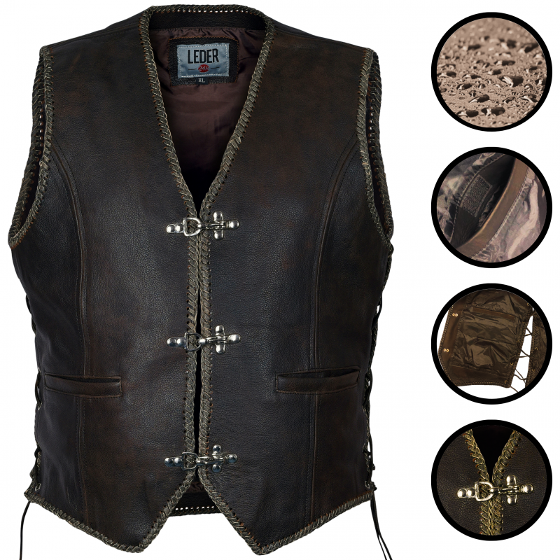 Detail of the leather vest for men in brown 1050 leder24h